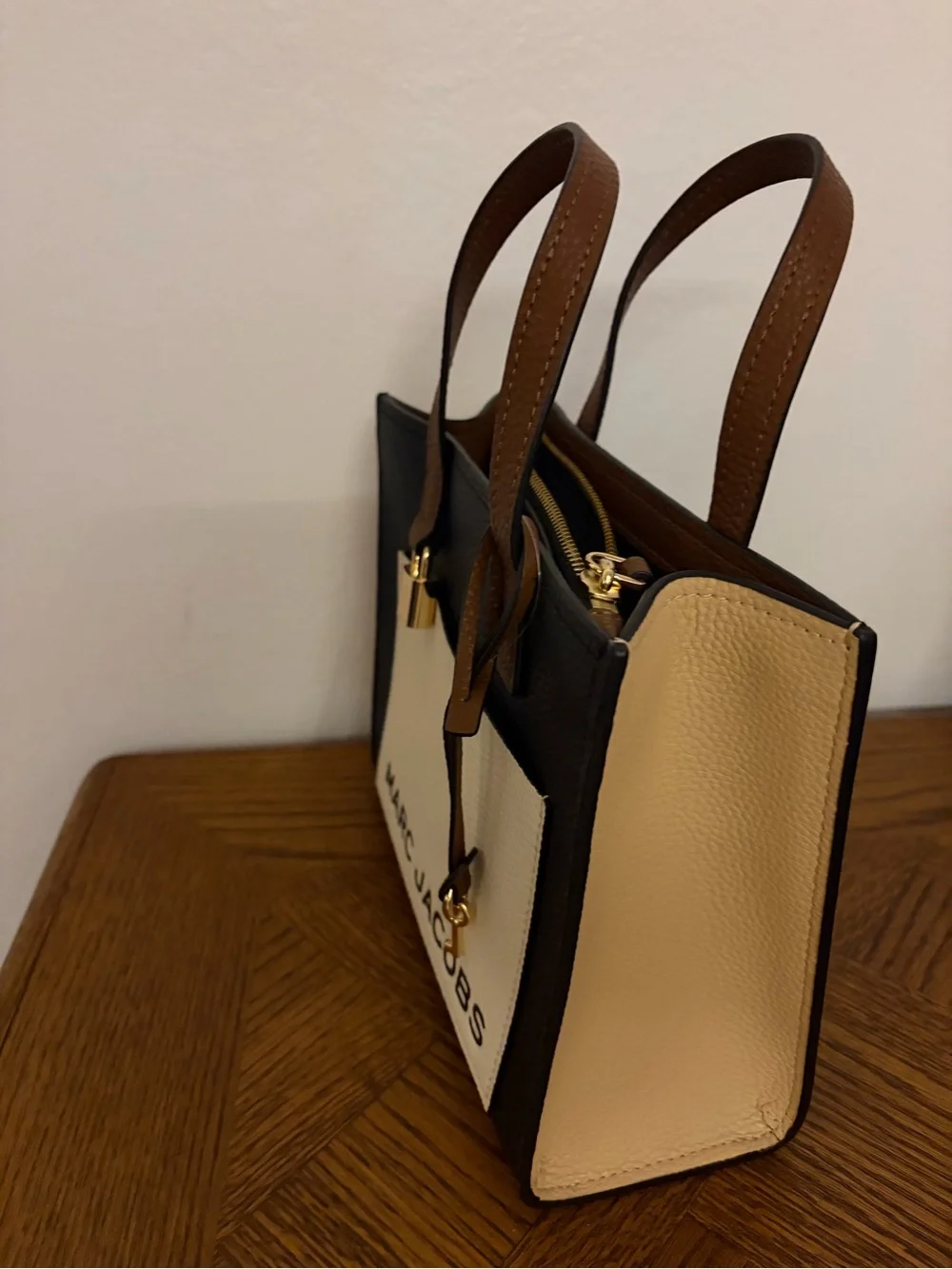 Marc Jacobs Black, Cream & Brown Satchel with Logo Front